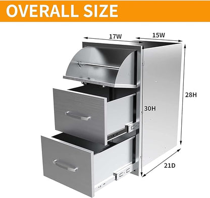 BBQ Outdoor Kitchen Drawers Stainless Steel 3-Drawer BBQ Drawer Enclosed Built-in Drawer Flush Mount for Outdoor Kitchens & BBQ Islands,17Wx30Hx21D Inch
