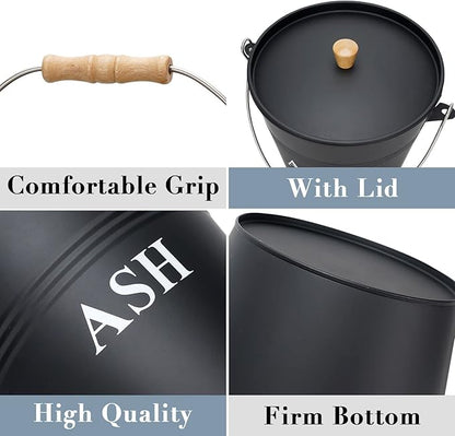 Mini Ash Bucket with Lid, Shovel and Broom, 1.5 Gallon Fireplace Metal Bucket with Lid, Charcoal Bucket and Ash Can for Fireplace, Fire Pits, Hearth, Wood Burning Stoves, Indoor and Outdoor