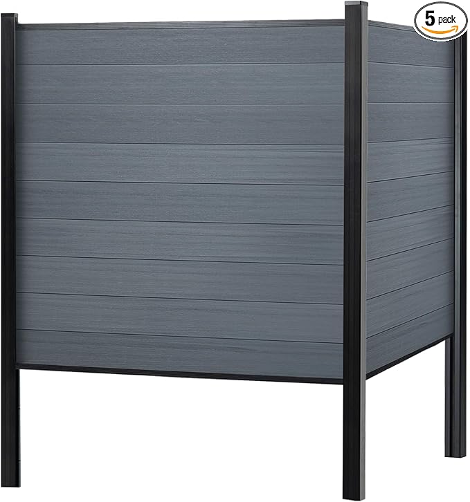 Mondaria Fence Privacy Screen with 8ft In-ground Posts, 6ft(H) x30ft(W) Wood Plastic Composite Fence Panels Weather-Resistant Outdoor Fence for Backyard/Garden (Gray, 6 Posts)