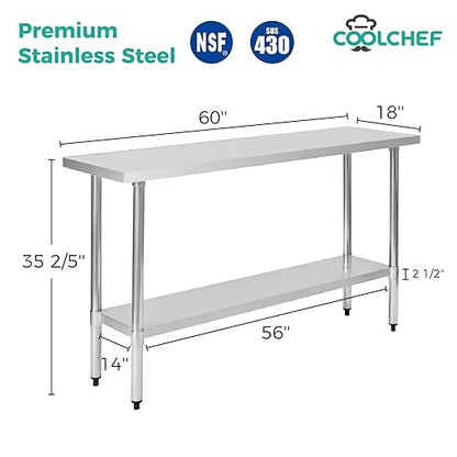 Stainless Steel Work Table 18 x 60 Inch, NSF Commercial Prep Table with Undershelf, Heavy Duty Food Prep Workstation