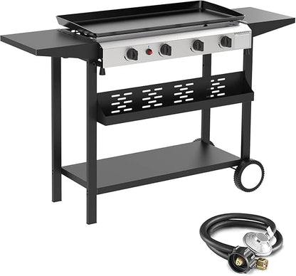 4 Burner Flat Top Grill, 30 Inch Stainless Steel Tabletop Portable Propane Griddle, 40,000 BTU BBQ Gas Griddle Flat Grill with Side Shelves for Camping