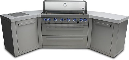 Mont Alpi MAi805-45 44-inch 6-Burner 115000 BTU 45 Degree Stainless Steel Gas Outdoor Kitchen Bar Barbecue Island Grill + Infrared Side & Rear Burners + Granite Countertops + Storage Drawers