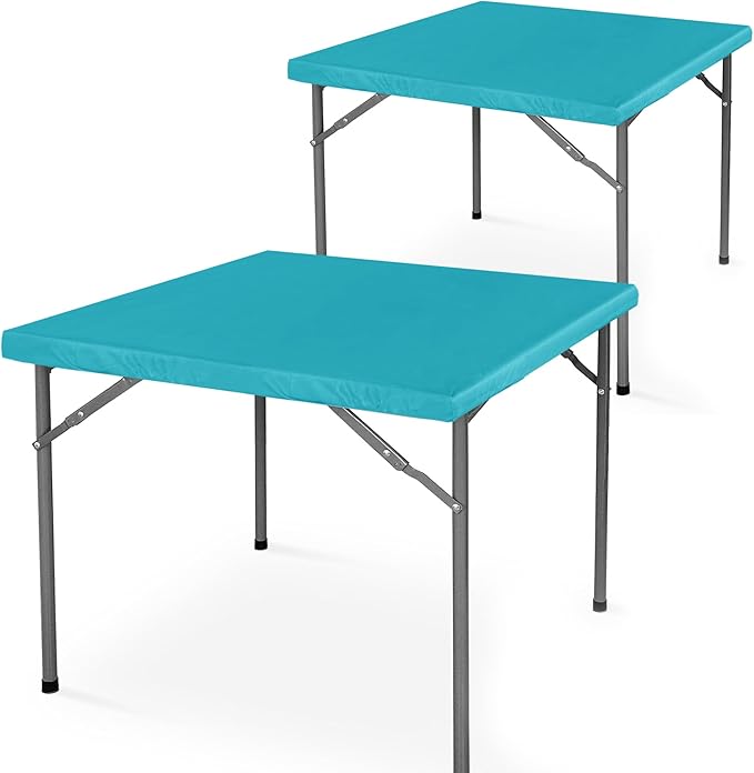 LUSHVIDA 2 Packs Vinyl Card Tablecloth with Flannel Backing 34x34 inch - Waterproof Plastic Picnic Table Cover for Square Folding Table Cloth with Elastic Corners, Teal