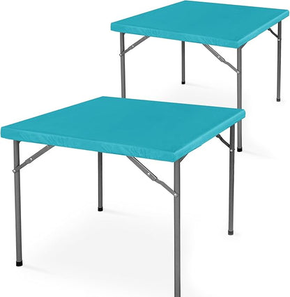 LUSHVIDA 2 Packs Vinyl Card Tablecloth with Flannel Backing 48x48 inch - Waterproof Plastic Picnic Table Cover for Square Folding Table Cloth with Elastic Corners, Teal
