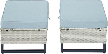 HUMMUH Outdoor Ottomans for Patio Set of 2 PE Wicker Outdoor Footstool with Removable Weather-Resistant Cushions for Patio, Backyard Light Grey Lake Blue