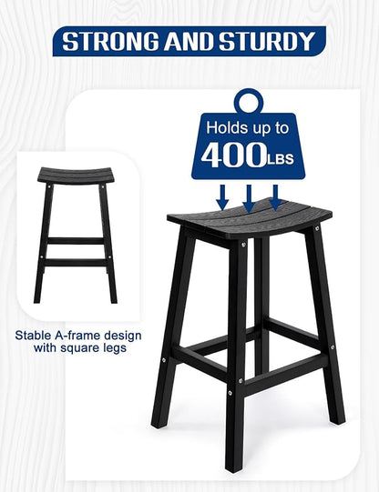 Weatherproof Bar Stools Set of 2, 28" Height Outdoor Bar Stools Holds up to 400 lbs, Saddle Seat, Bar Height Stools for Patio, Garden, and Kitchen Island, Black