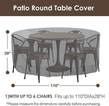 Vailge Round Patio Furniture Covers, 100% Waterproof Outdoor Table Chair Set Covers, Anti-Fading Cover for Outdoor Furniture Set, UV Resistant (Grey, 110"DIAx28"H)