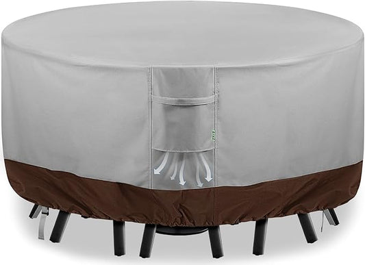 Round Patio Furniture Covers, 84" DIA x 28 H Waterproof Outdoor Furniture Cover for Patio Table & Chair Sets, 600D Heavy-duty UV-Resistant Fade-Proof Protection, Grey & Brown