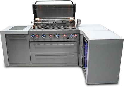 Mont Alpi MAi805-D90FC 44-inch 6-Burner 115000 BTU 90 Degree Corner Deluxe Stainless Steel Gas Outdoor Barbecue Island Grill w/Lockable Compact Refrigerator + Infrared Side Burner + Rotisserie Kit