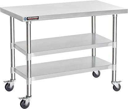 DuraSteel Stainless Steel Work Table 24" x 48" x 34" Height w/ 4 Caster Wheels - Food Prep Commercial Grade Worktable - NSF Certified - Good for Restaurant, Business, Warehouse, Home, Kitchen, Garage