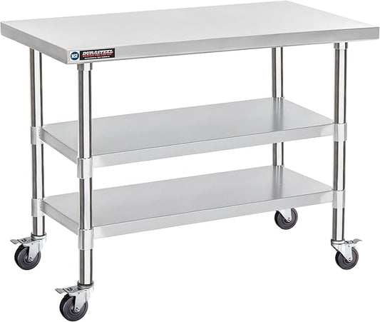 DuraSteel Stainless Steel Work Table 24" x 48" x 34" Height w/ 4 Caster Wheels - Food Prep Commercial Grade Worktable - NSF Certified - Good for Restaurant, Business, Warehouse, Home, Kitchen, Garage