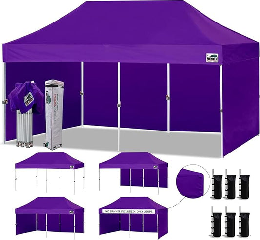 Eurmax USA 10'x20' Pop-up Canopy Tent Commercial Instant Canopies with 4 Removable Zipper End Side Walls and Roller Bag, Bonus 6 SandBags(Purple)