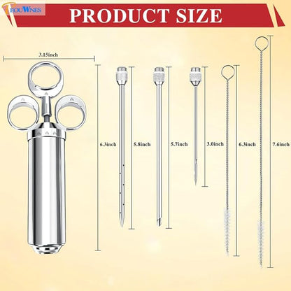 304-Stainless Steel Meat Injector Syringe Kit with 3 Marinade Needles for BBQ Grill Smoker, Turkey, Beef, Fish,Brisket, 2-oz Large Capacity, Silicone Brush and Cleaning Brush