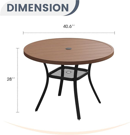 VICLLAX Round Patio Dining Table, 41 inch Metal Outdoor Dining Table with Umbrella Hole for Garden Lawn Balcony Deck, Walnut