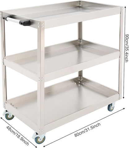 Stainless Steel Utility Cart, Heavy Duty 3-Tier Service Cart with 4 Wheels (2 Locking), 440 lbs Capacity Rolling Cart for Kitchen, Restaurant, Garage, Workshop, Silver