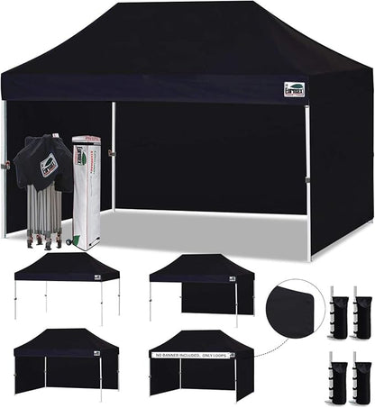 Eurmax USA 10'x15' Pop-up Canopy Tent Commercial Instant Canopies with 4 Removable Zipper End Side Walls and Roller Bag, Bonus 4 SandBags(Black)