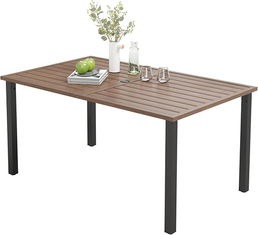 Outdoor Patio Dining Table for 6, 60" x 36" Rectangular Metal Patio Dining Table with Umbrella Hole and Wood-Like Tabletop, All Weather Wrought Iron Outdoor Table for Backyard and Porch