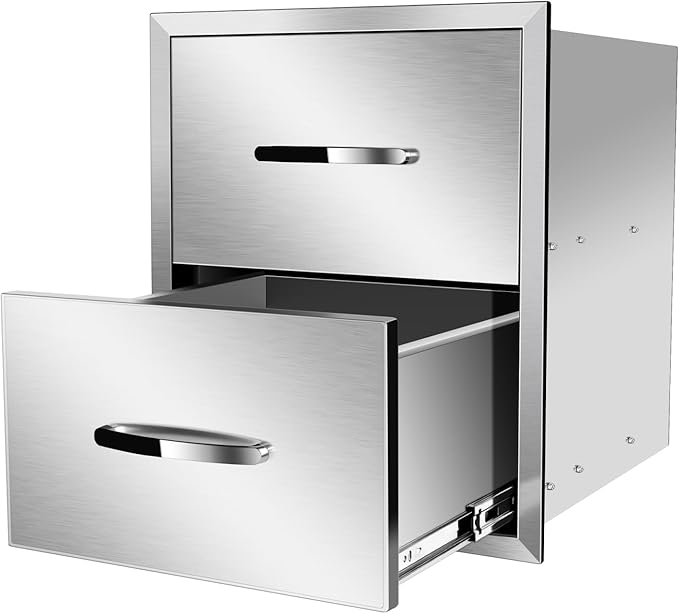 Pull Out Trash Drawer, Lower Sliding Rails Stainless Steel Roll Out Trash Bin Pull Out Tray With Handle For Outdoor Kitchen BBQ Island Grill Station,Double Drawers