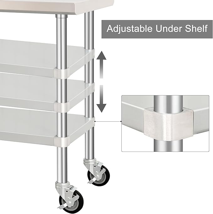 HARDURA Stainless Steel Table with Wheels 30 x 48 Inches Kitchen Prep Table Heavy Duty Stainless Steel Workbench with Aluminium Corner Undershelf NSF 304 Metel Table for Commercial Restaurant