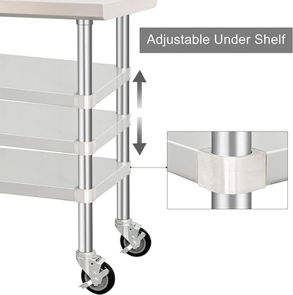 HARDURA Stainless Steel Table with Wheels 30 x 48 Inches Kitchen Prep Table Heavy Duty Stainless Steel Workbench with Aluminium Corner Undershelf NSF 304 Metel Table for Commercial Restaurant