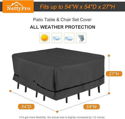 NettyPro Patio Table Cover Square 54 x 54 Inch, Waterproof Outdoor Furniture Dining Set Covers for Table and Chair, Black