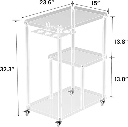 Dethan Acrylic Bar Cart with Lockable Wheels, 3 Tier Clear Serving Cart with Glass Holder, Rolling Beverage Cart for Home, Kitchen, Dining Room, Portable Mobile Bar Trolley for Small Spaces