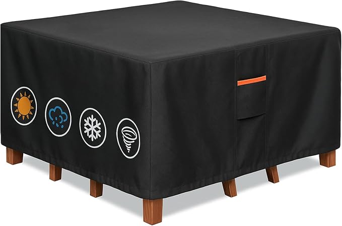 Outdoor Waterproof Furniture Cover, 74W x 74L x 28H inches Heavy Duty 600D Square Table and Chair Set Protection, Black