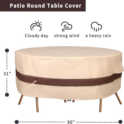 Round Patio Furniture Cover, Heavy Duty and Waterproof for Outdoor Furniture covers, Round outdoor table cover, Patio table cover 96"DIA x 31"H Beige