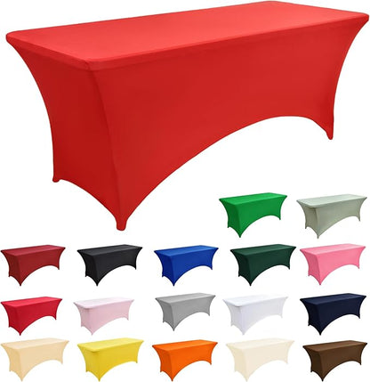 2-Pack 8ft Red Spandex Table Covers for Rectangle Folding Tables - Washable Elastic Tablecloth - Ultimate Fitted Table Protector for Birthday Parties, Trade Shows, Banquet