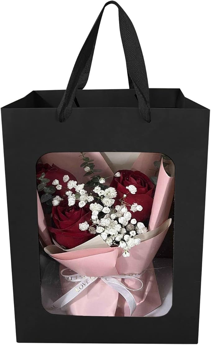 BallHull 24 Pcs Black Kraft Paper Gift Bags with Transparent Window, 9.84"x7.0"x5.12" Kraft Shopping Bags with Handles for Bouquet Christmas Birthdays Festivals Party Weddings Wrapping