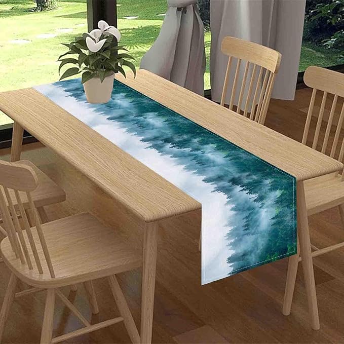 Forest Table Runner, Rustic Farmhouse Misty Pine Tree Woodland Mountain Country Coffee Table Center Decor for Home Kitchen Dining Patio Holiday Party Indoor Outdoor Table Decorations, 13"x72" Inch