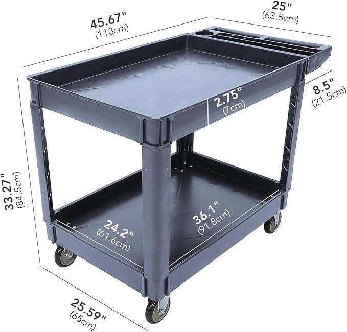 Service Cart 2-Shelf, Storage Handle, 500 lbs Capacity, for Warehouse/Garage/Cleaning/Manufacturing，45"X25" Grey