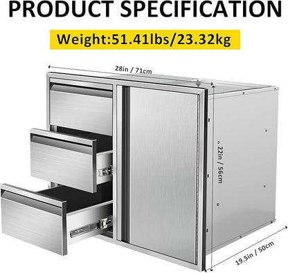Outdoor Kitchen Door Drawer Combo Cabinet 28" W x 22" H x 19.5" D Stainless Steel Built-in Triple Drawers&Right Access Door Combo Cabinet for Outdoor Kitchen Island, Patio Grill Station