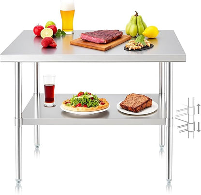 NUUK Heavy Duty Commercial Worktable 24" x 36" Restaurant Kitchen Food Prep Work Table Adjustable Height Stainless Steel Grill Workstation for Home and Hotel