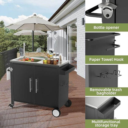 Outdoor Grill Cart with Storage, Movable Prep Cart with 304 Stainless Steel Sink and Wheels 3-Shelf Outdoor Kitchen Prep Table Pizza Oven Stand,BBQ Cart (38" x 18" x 35")