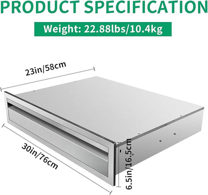 Outdoor Kitchen Drawers 30" W x 6.5" H x 23" D Stainless Steel Single Drawers with Hidden Handle for BBQ Island, Patio Grill Station & Outdoor Kitchen Cabinets
