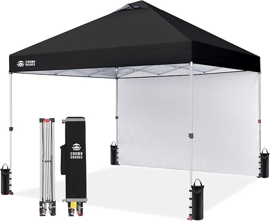 CROWN SHADES 12x12 Pop Up Canopy Tent Instant Commercial with 150D Silver Coated Fabric Including 1 Removable Sidewall, 4 Ropes, 8 Stakes, Weight Bags, STO 'N Go Bag, Black