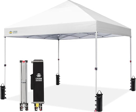 CROWN SHADES 8x8 Pop Up Canopy - Beach Tent with One Push Setup - Easy Outdoor Sun Shade for Events, Parties, Camping - Gazebo with STO-N-Go Cover Bag, Silver Coated Top, White