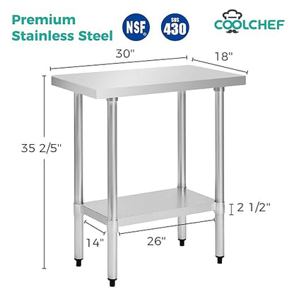 Stainless Steel Work Table 18 x 30 Inch, NSF Commercial Prep Table with Undershelf, Heavy Duty Food Prep Workstation