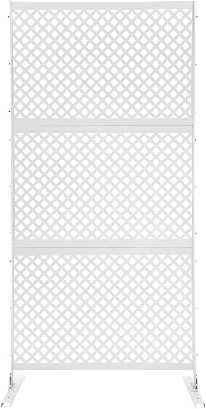 75" H×35" W Decorative Outdoor Privacy Screen with Stand, Outdoor Decor Privacy Fence Screen Metal Fence Panels, Free Standing Metal Divider for Patio Lawn Deck (White-Small Square)