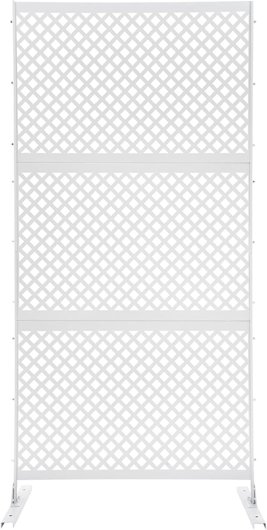Outdoor Metal Privacy Screen with Stand, 35.4" W x 75" H Freestanding Metal Slatted Decorative Privacy Screen and Panels for Patio Garden Balcony Porch (White Grill)
