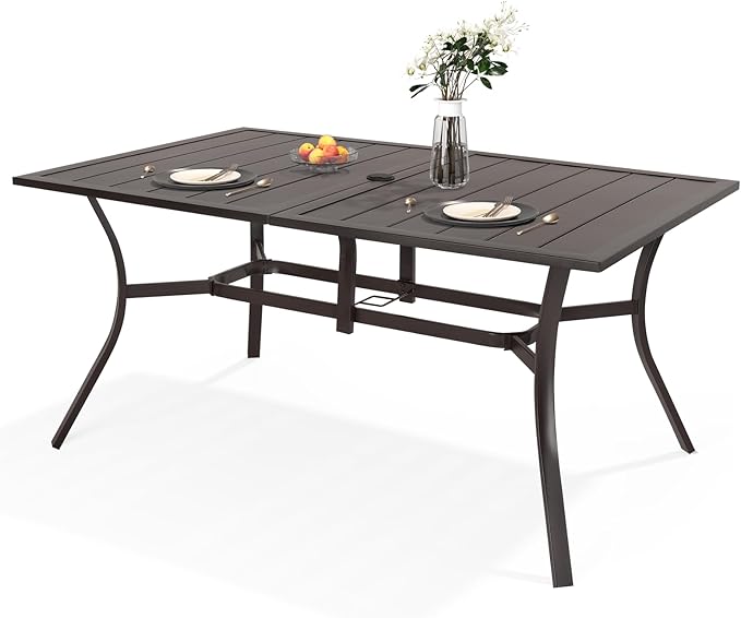 Outdoor Metal Steel Rectangle Patio Dining Table, 6 Person Patio Table with Adjustable Umbrella Hole, Weather-Resistant for Garden Backyard Porch, Dark Brown