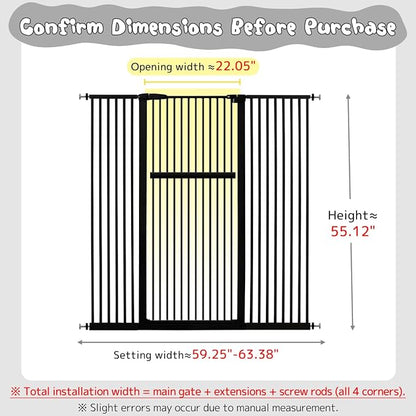 Lumizone Extra Tall Pet Gate 55.12" High Pressure Mounted 59.25"-63.38" Extra Wide (9 Sizes) 1.37" Gap for Cat Dog Stairs Doorway Hallway No Drilling Auto-Close (59.25"-63.38" W, Black)