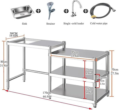 Free Standing Utility Sink, Stainless Steel Kitchen Baker Rack Shelf, Single Bowl Washing Hand Basin Station with Workbench, Fish Cleaning Table &Storage Shelves for Laundry Room, Garage,Outdoor
