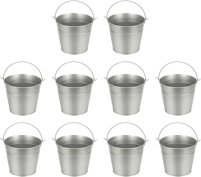 Small Metal Buckets, Mini Buckets with Handle Galvanized Colored Tin Pail Containers Basket Party Supplies - Fit for (Halloween - Classroom Crafts) 6" & 10Pcs & Silver