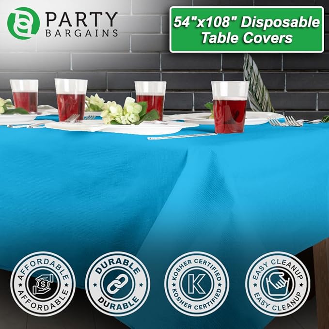 PARTY BARGAINS 54" X 108" Paper & Plastic Table Covers, Blue, 10 Pack