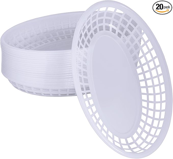 20 Pack Plastic Fast Food Baskets, 8.8" × 5.5" Small Oval Restaurant Serving Baskets Tray for Burgers, Sandwiches, Hot Dogs, Parties, Food Trucks, Reusable or Disposable, Stackable(White)