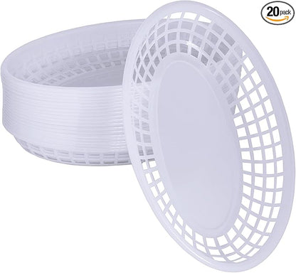 20 Pack Plastic Fast Food Baskets, 8.8" × 5.5" Small Oval Restaurant Serving Baskets Tray for Burgers, Sandwiches, Hot Dogs, Parties, Food Trucks, Reusable or Disposable, Stackable(White)