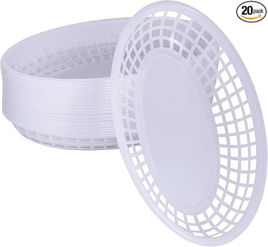 20 Pack Plastic Fast Food Baskets, 8.8" × 5.5" Small Oval Restaurant Serving Baskets Tray for Burgers, Sandwiches, Hot Dogs, Parties, Food Trucks, Reusable or Disposable, Stackable(White)