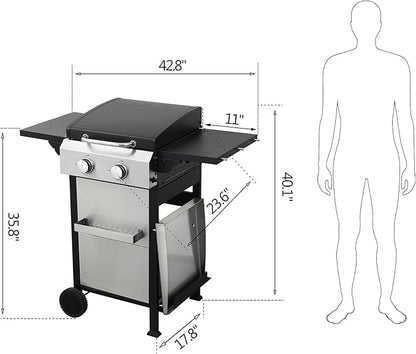 2-Burner Gas Grill, 24600 BTU Portable BBQ with Foldable Side Table & 6" Wheels, Dual-Function Cooking with Baking Rack & Flat Griddle for Outdoor, Patio, Camping & Tailgating